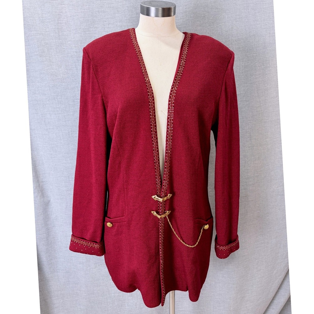 Vintage St. John Evening Red Knit Cardigan Gold Studded Rhinestone Clasp 14